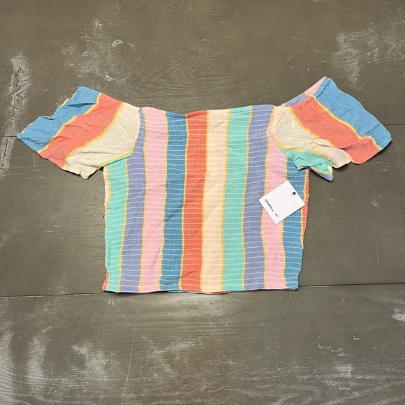 O’Neill Pink Blue Purple Smocked Top Off Shoulder Juniors Large NWT - Picture 1 of 7